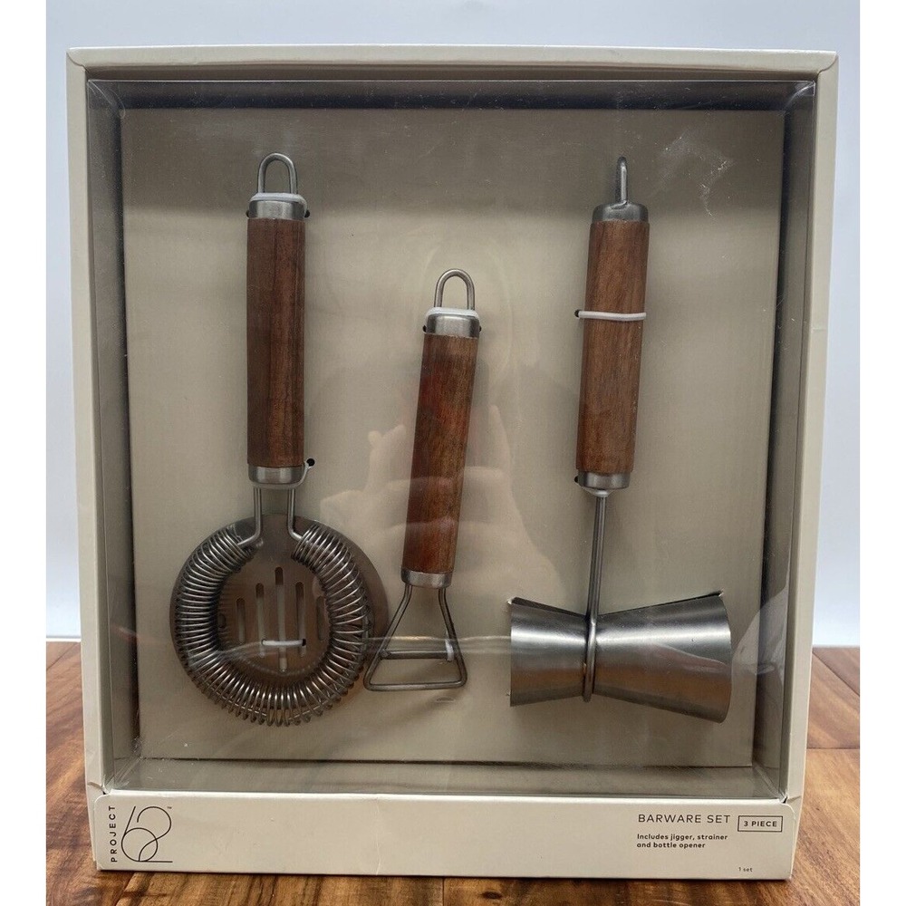 Project 62 Barware Set Stainless Steel Wood Handles Jigger Strainer 3 Piece New